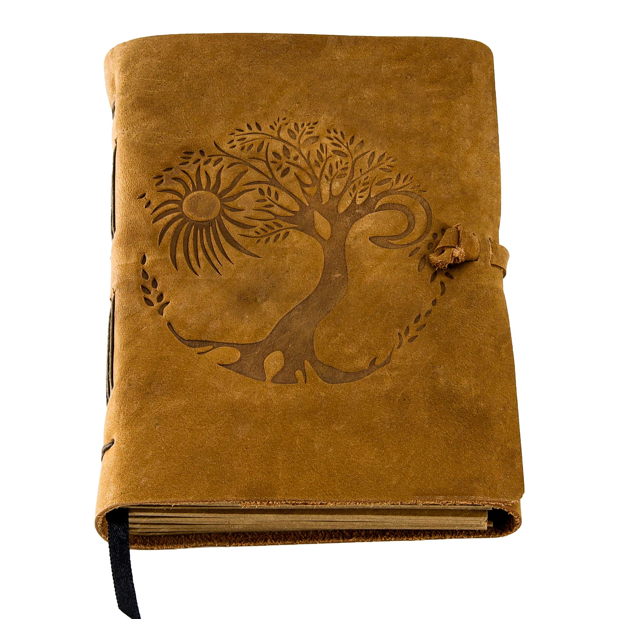 Leather Journal for women and men embossed 8 x 6 inch Handmade Lined craft paper tree of life sun and moon notebook writing notepad book of shadows journal (Brown)