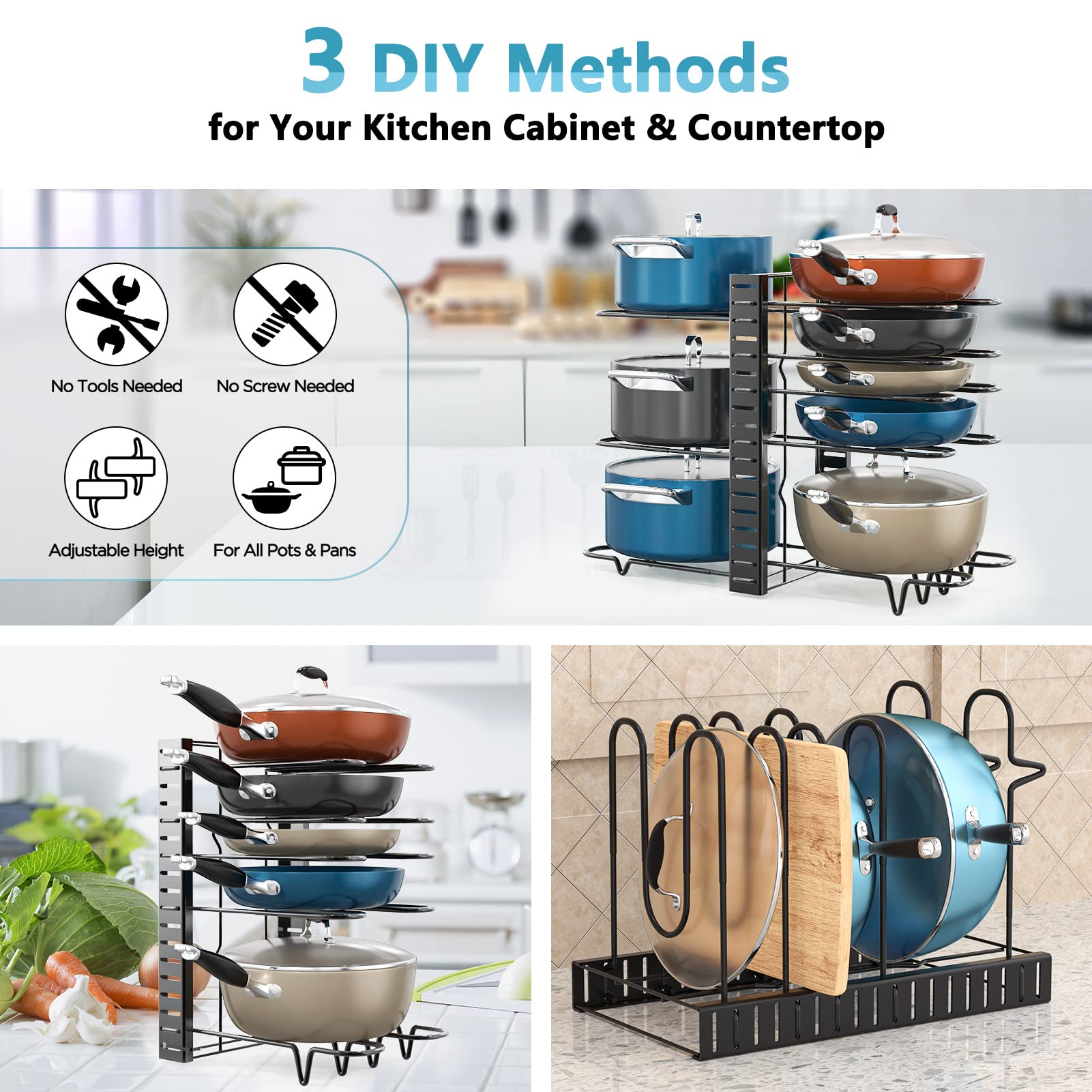 ORDORA Pots and Pans Organizer for Cabinet 16.61 Height, 8 Tier Pot Organizers Rack with 3 DIY Methods, Adjustable Pan Organizer under Cabinet Kitchen Organization and Storage