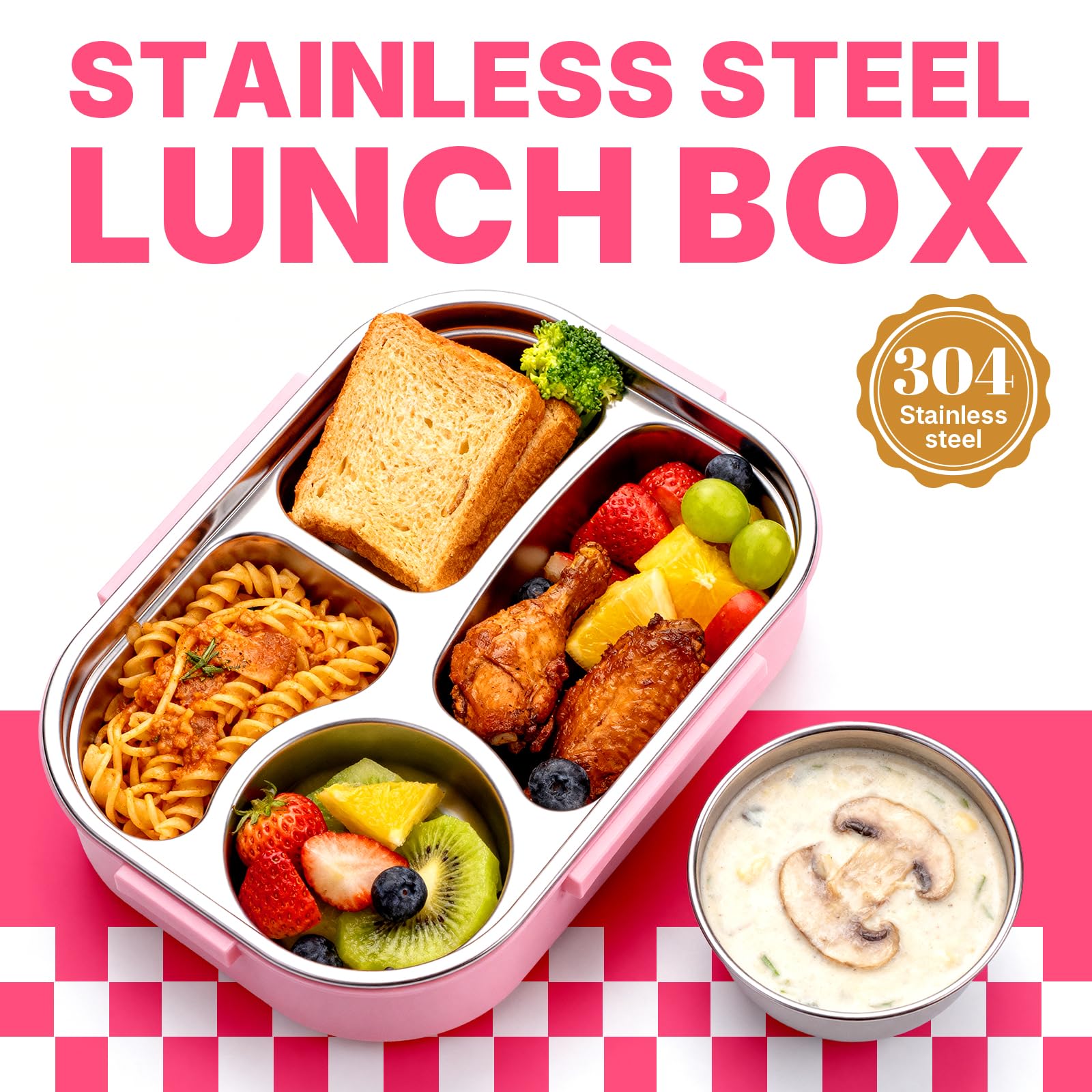 1.5L 4-Compartment Stainless Steel Bento Lunch Box with Soup Container Meal Prep Lunch Containers, Leakproof Food Storage Box for Office, School, Picnic,Work,Travl (Pink, 1500ML)