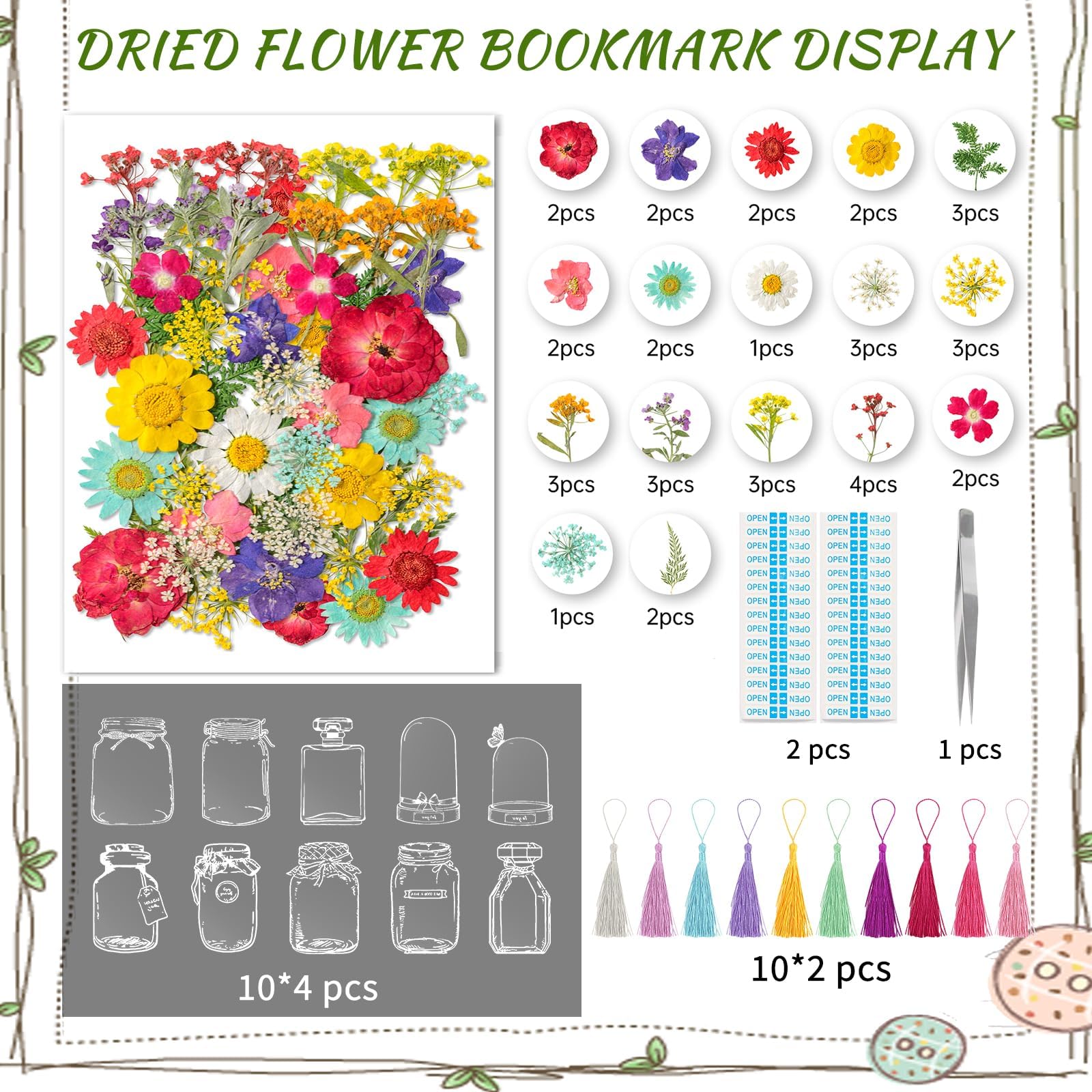 103PCS Bookmark Making Kit, Kaluofan DIY Bookmark Transparent Dried Flower Bookmarks Kit with Abundant Bottle Bookmarks Dried Flowers Tassels and Tweezer
