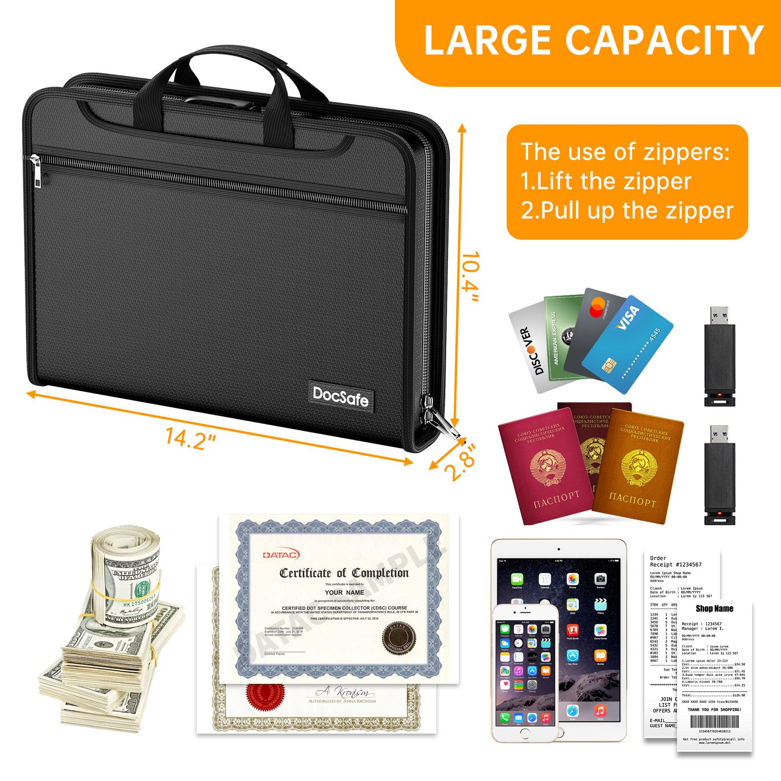 DocSafe Accordion File Organizer with Combination Lock,Fireproof Water Resistant Expanding File Folder with Multi Pockets,Document Organizer Home Office Travel Safe Storage for Letter Size Files,Black
