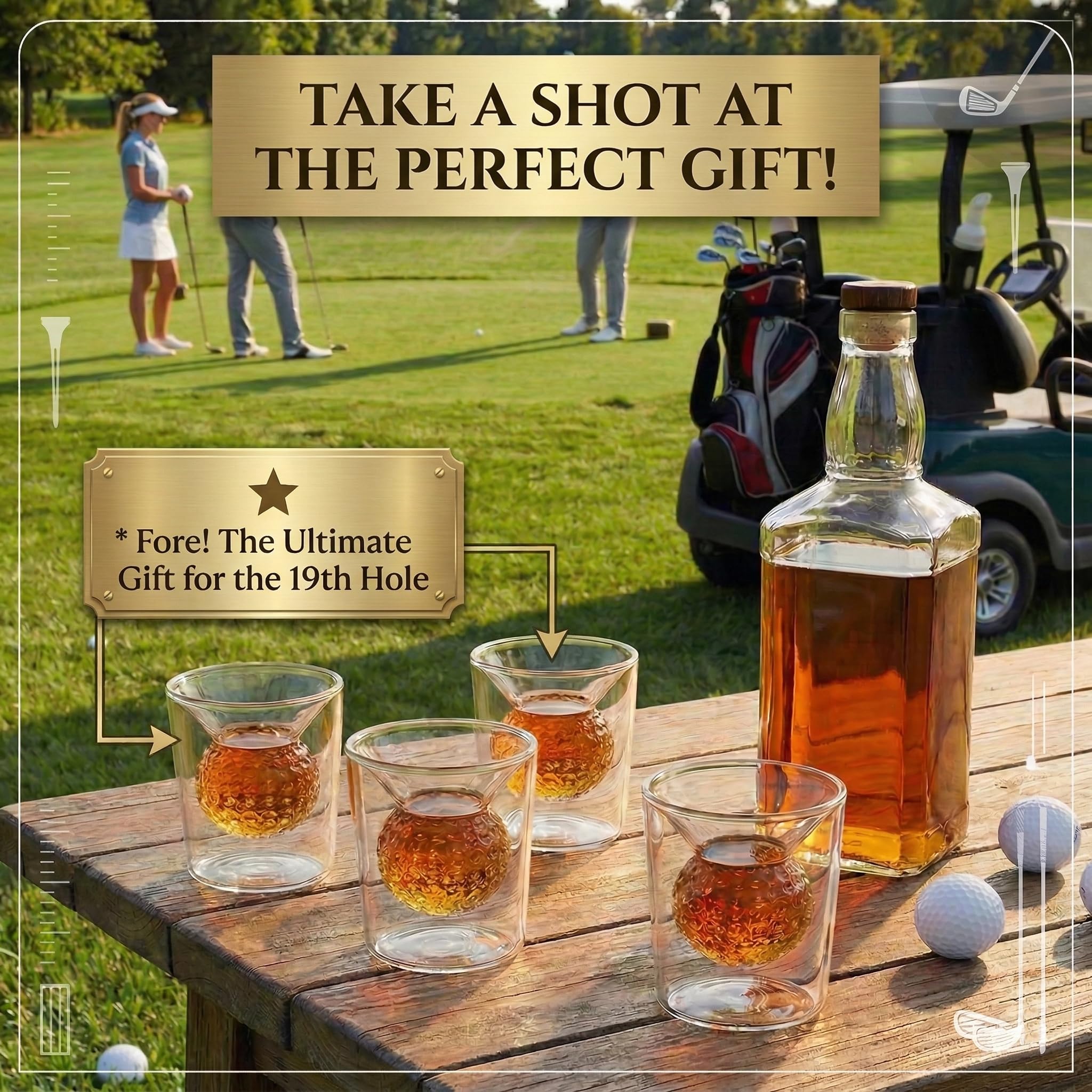 Golf Ball Shot Glass Set Funny Handmade Golf Gifts for Men - 2 oz Double Walled Glasses with 3D Shape Golf Ball Inside for Tequila, Scotch, Whiskey, Bourbon, and Cocktail (4)