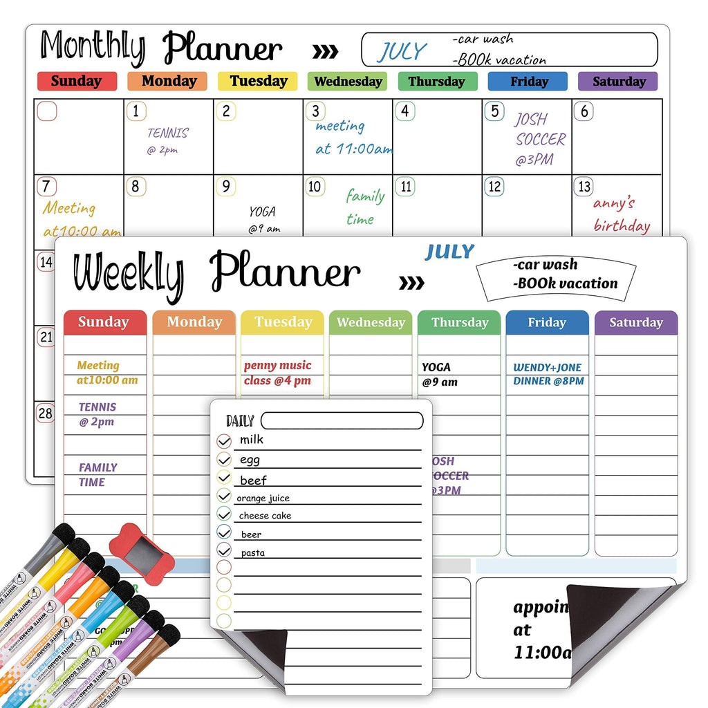 Hivillexun Magnetic Dry Erase Calendar Whiteboard Set (3-Pack) for Fridge, Wall, and Home Organization with Monthly, Weekly & Daily Planners, Includes 8 Markers & 1 Eraser