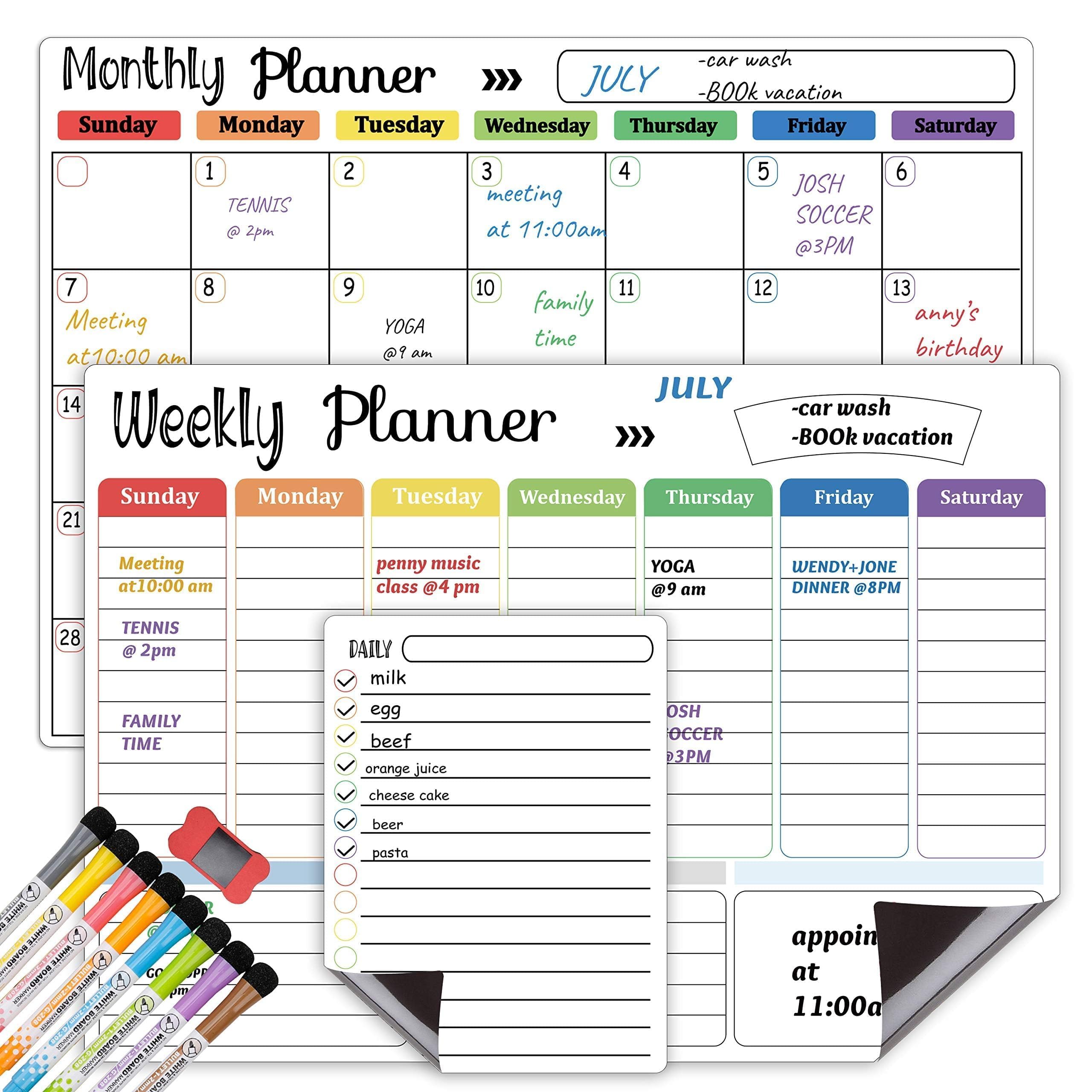 Hivillexun Magnetic Dry Erase Calendar Whiteboard Set (3-Pack) for Fridge, Wall, and Home Organization with Monthly, Weekly & Daily Planners, Includes 8 Markers & 1 Eraser