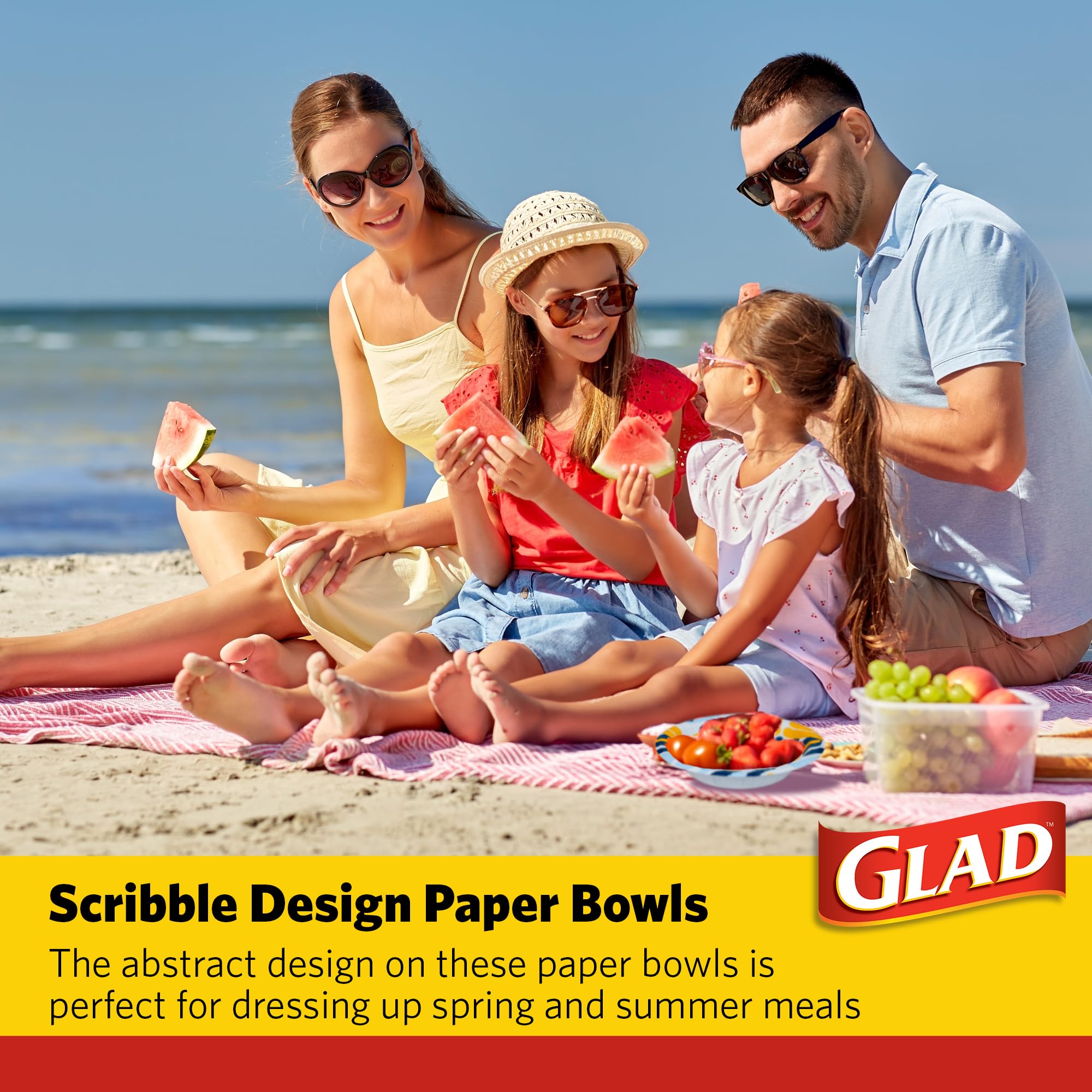 Glad Round Disposable Paper Bowls, Scribble Abstract Design - Heavy Duty, Soak Proof, Cut-Resistant, Microwavable Bowl for All Foods & Daily Use, 16 Oz, 50 Count