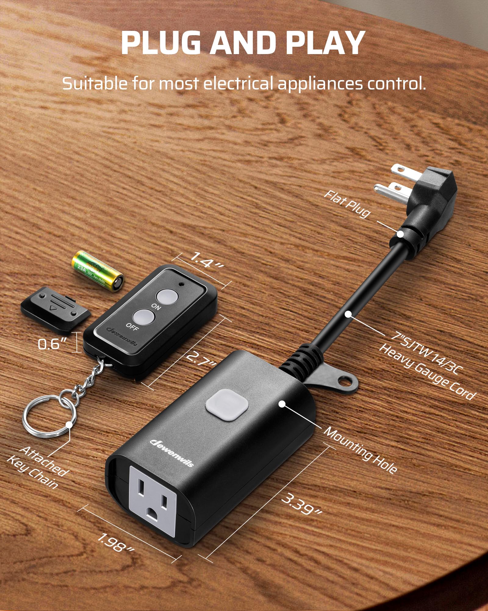 DEWENWILS Outdoor Remote Control Outlet, 15A Wireless Remote Control Switch, 100FT Control Range & 14AWG SJTW Power Cord, Weatherproof for Outdoor Appliances, 1 Remote Control+1 Outlet