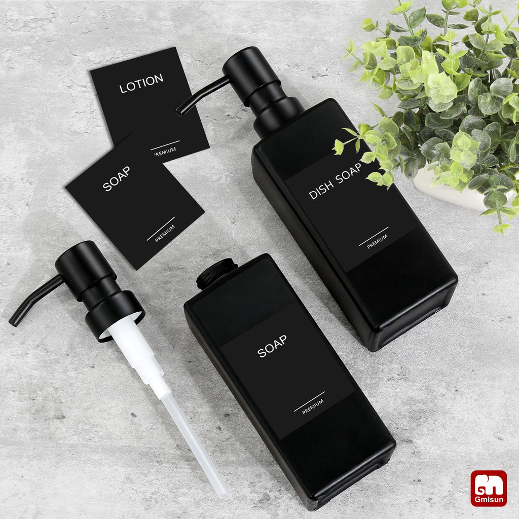 GMISUN Black Soap Dispenser, Hand Soap Dispensers Bathroom, 12oz Glass Soap Dispenser with Stainless Steel Pump, Dish Soap Dispenser for Kitchen, Bathroom/Kitchen Liquid Soap Dispenser Set, 2-Pack
