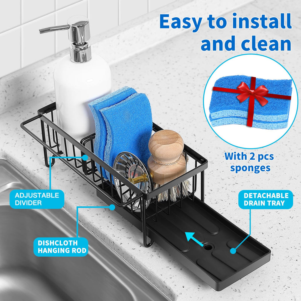 Cartilage Sponge Holder for Kitchen Sink Organizer, Kitchen Sink Caddy Storage with Dishrag Dishcloth Holder Rack,Rustproof 304 Stainless Steel Dish Sponge with Auto Draining Tray