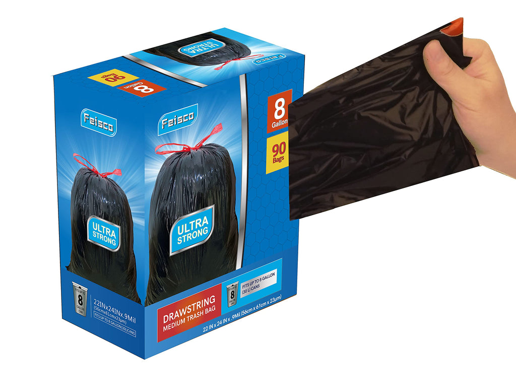 Feisco 8 Gallon Black Trash Bag,30L Drawstring Garbage Bag Trash Can Liner,0.9 Mil,90 Counts (8 Gallon(30L), Black)