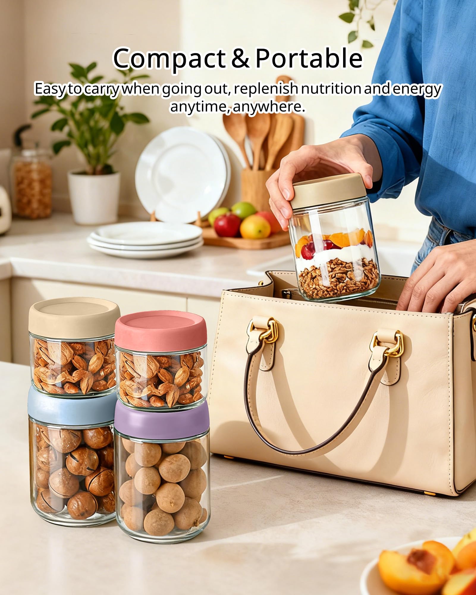 10+16oz Overnight Oats Jar, 4 Pack Overnight Oats Containers with Lids, Leak-Proof Reusable Wide Mouth Mason Jars Glass Jar for Yogurt Fruit, Salad Lunch, Snack, Cereal, Food Storage
