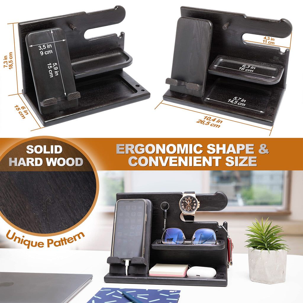TESLYAR Wood Phone Docking Station - Gifts for Men - Desk or Nightstand Organizer - Birthday Gift for Husband, Dad - Anniversary Idea from Wife - Key Holder, Stand Wallet & Essentials (Granite Black)