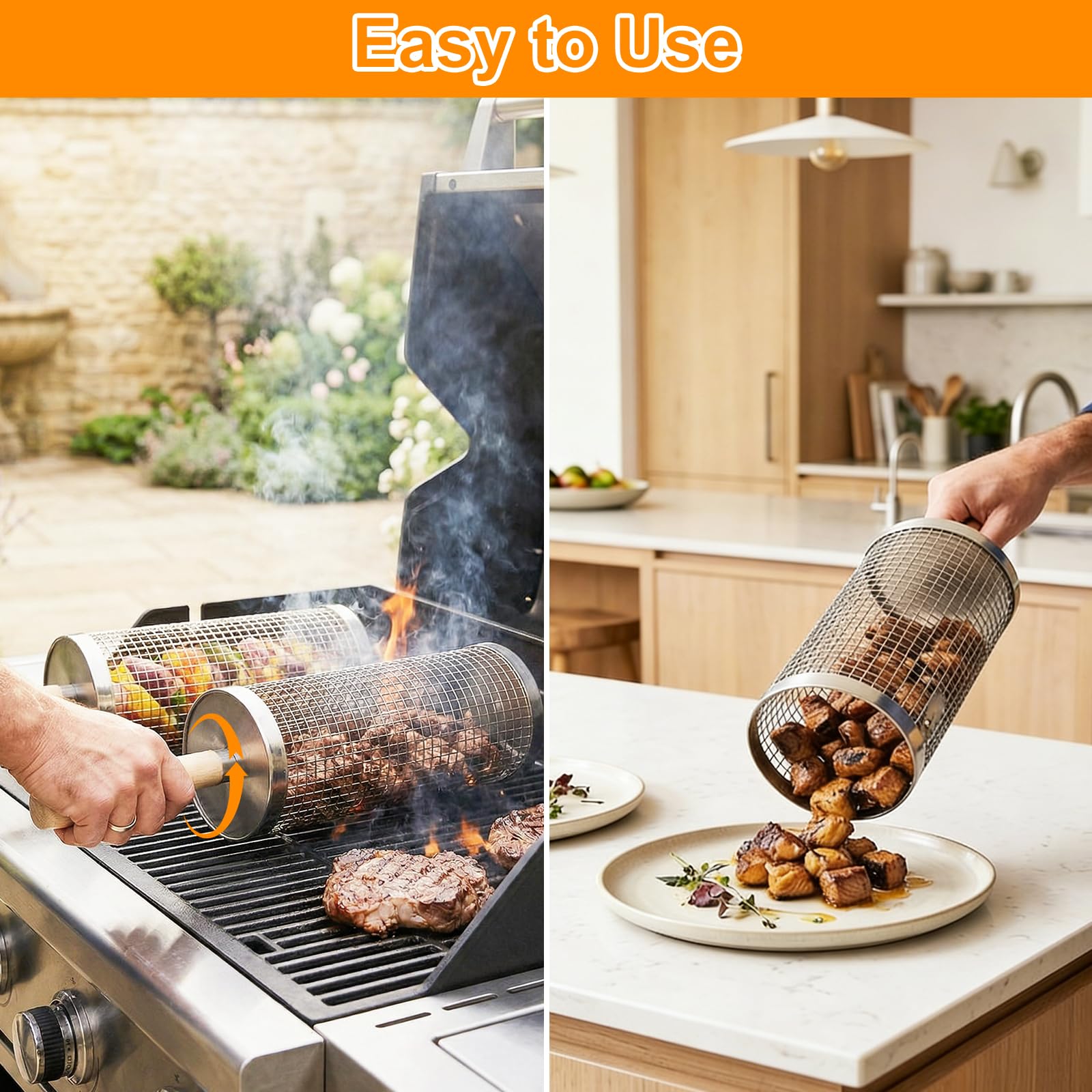 Fohil 2PCS Rolling Grill Baskets with Removable Wooden Handle, 304 Stainless Steel Rotating Grill Cage for BBQ Camping Outdoor, Grilling Basket for Vegetables, Shrimp, Meat, Gift for Men Dad, Husband