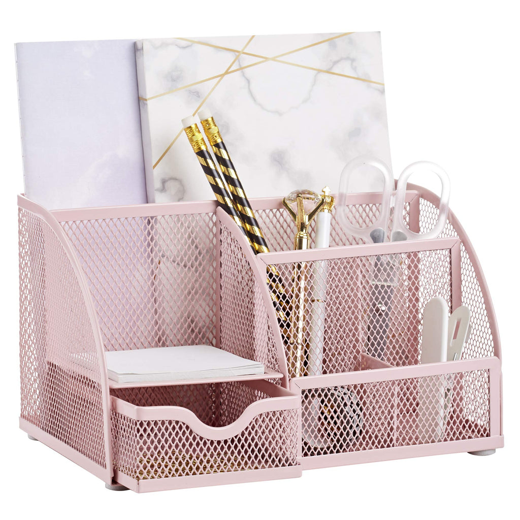 Annova Mesh Desk Organizer Office with 7 Compartments + Drawer/Desk Tidy Candy/Pen Holder/Multifunctional Organizer (Light Pink)