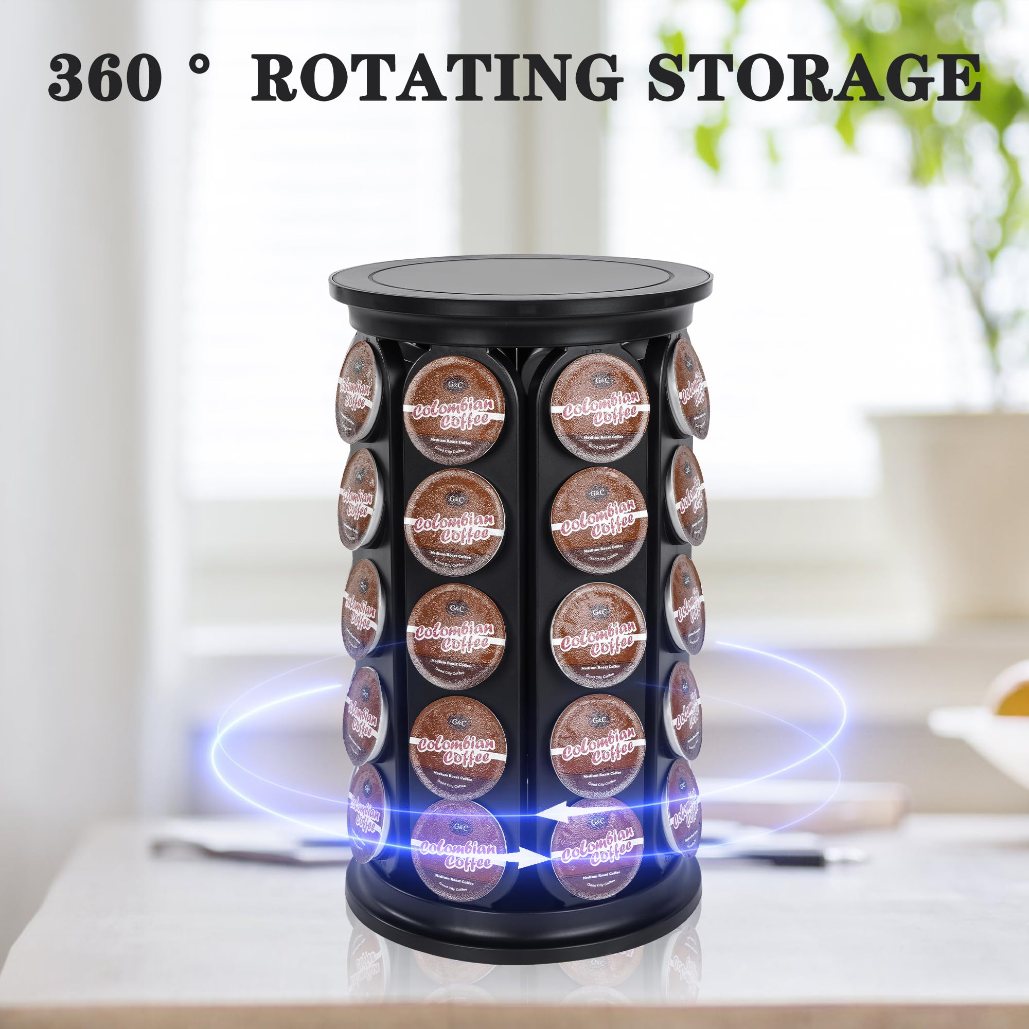 JMBTLUS Coffee Pod Holder, Holds 40 K Cup Coffee Capsules, Large Capacity Round Organizer with 360-Degree Rotation, Black