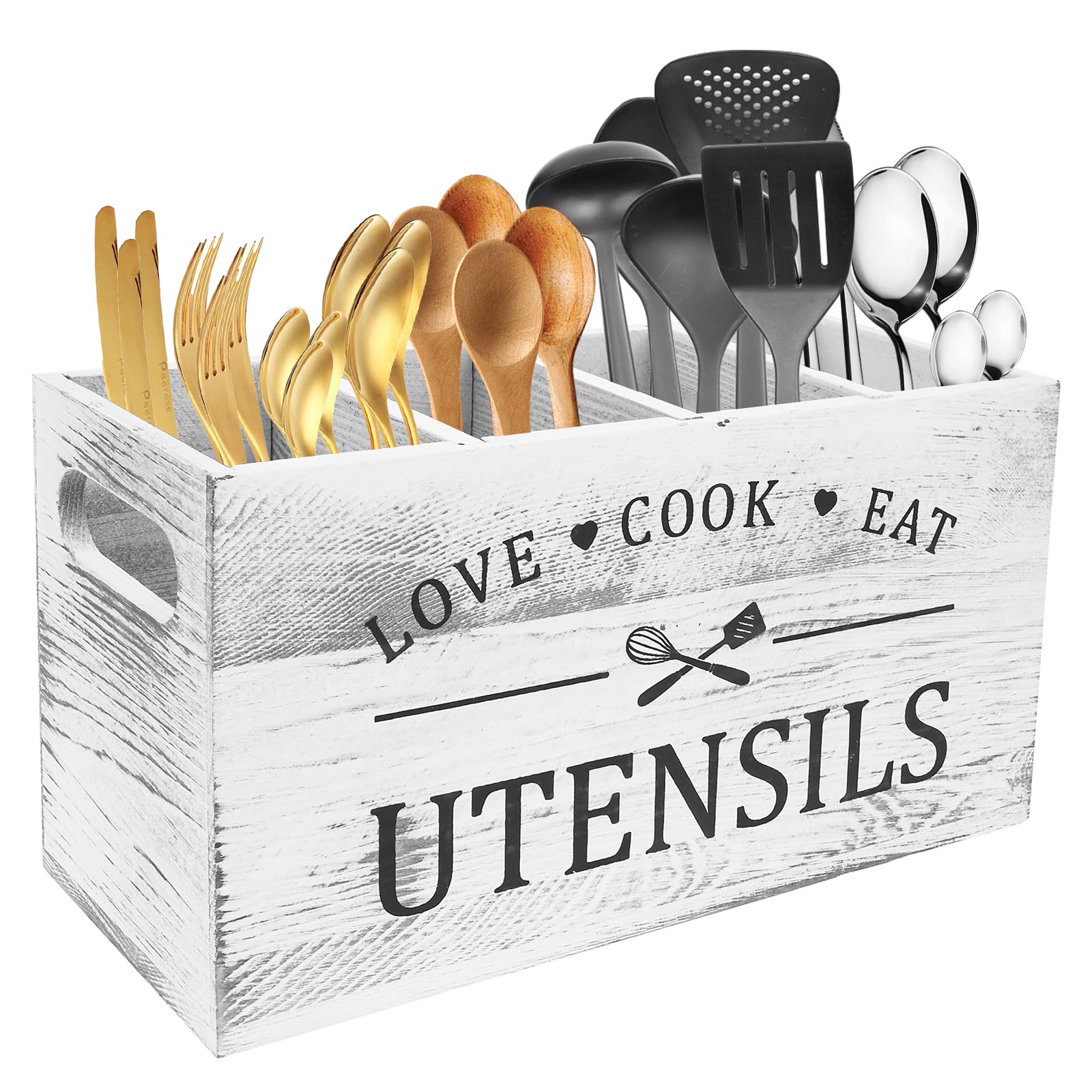 Wooden Kitchen Utensil Holder with 4 Compartments, Wooden Utensil Organizer with Drainage Bottom, Cooking Storage Utensils Caddy for Farmhouse Countertop Decor, 11.8 x 4.5 x 5.9 Inch (Burlywood)
