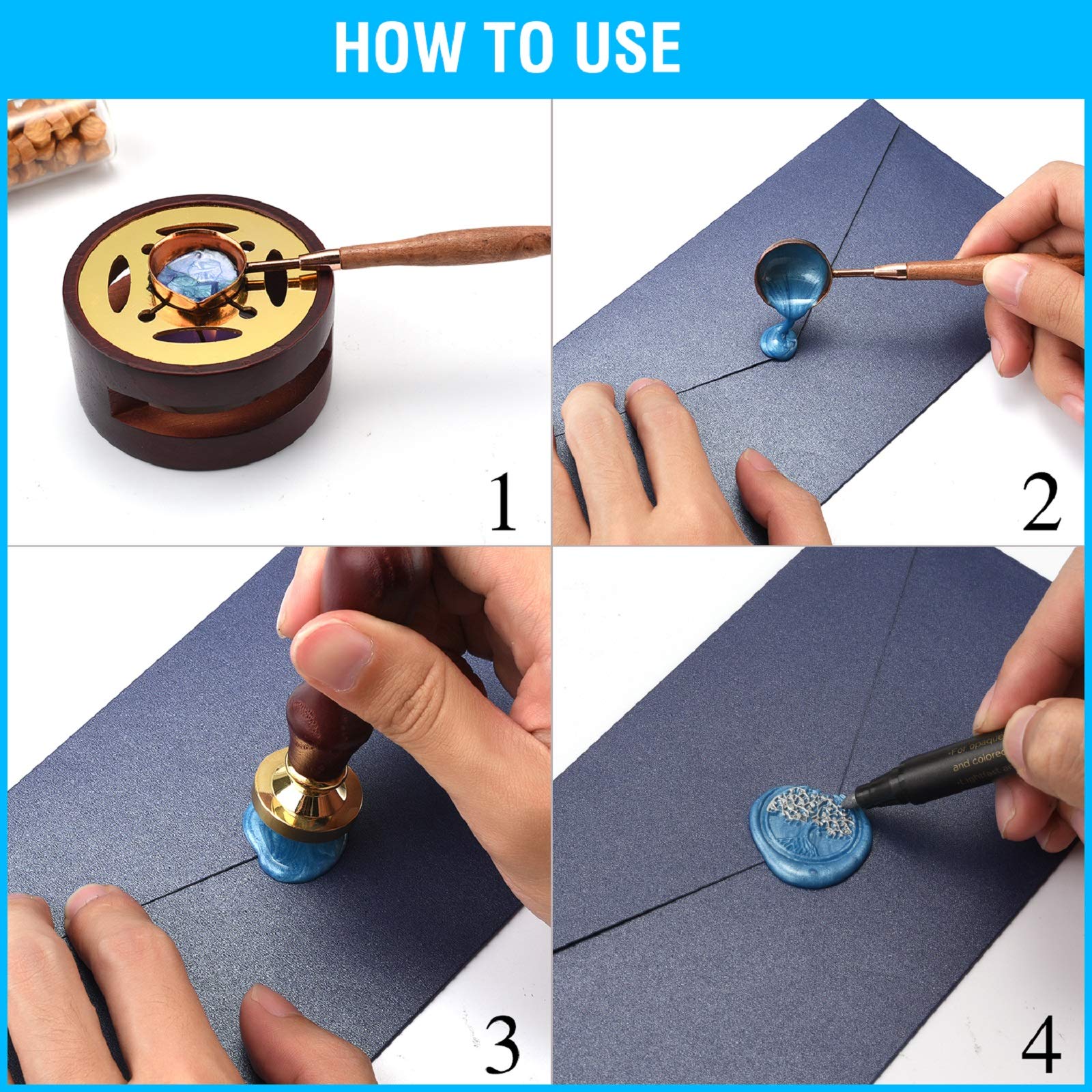 CHUHUAYUAN Wax Seal Stamp Kit with Gift Box, 24 Colors and 624 Pcs Wax Seal Beads with Wax Seal Stamp, Sealing Wax Warmer, Wax Seal Metallic Pen and Envelope, Wax Seal Kit for Gift and Decoration