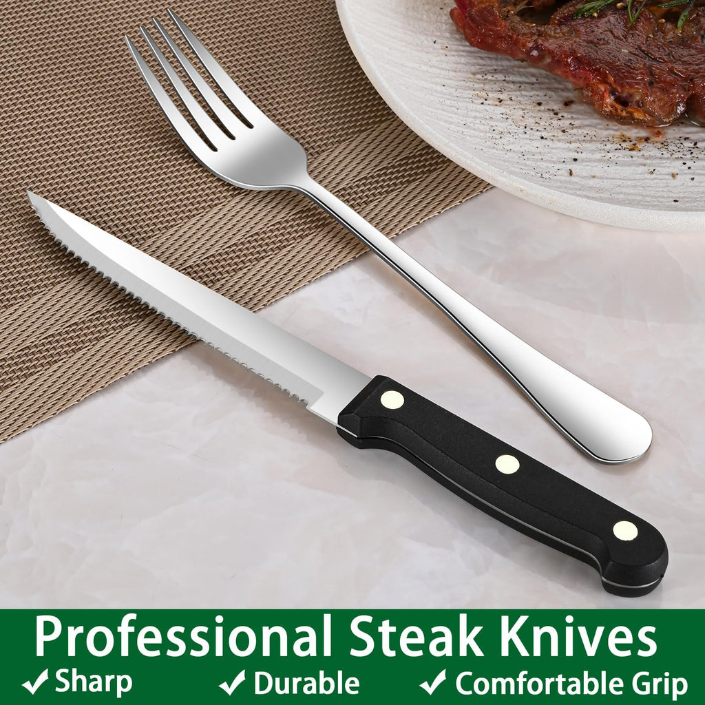 24-Piece Silverware Set with Steak Knives, Flatware Set Service for 4, Food-Grade Stainless Steel Cutlery Set, Includes Knife Spoon and Fork, Mirror Finished Utensil Sets for Home Restaurant