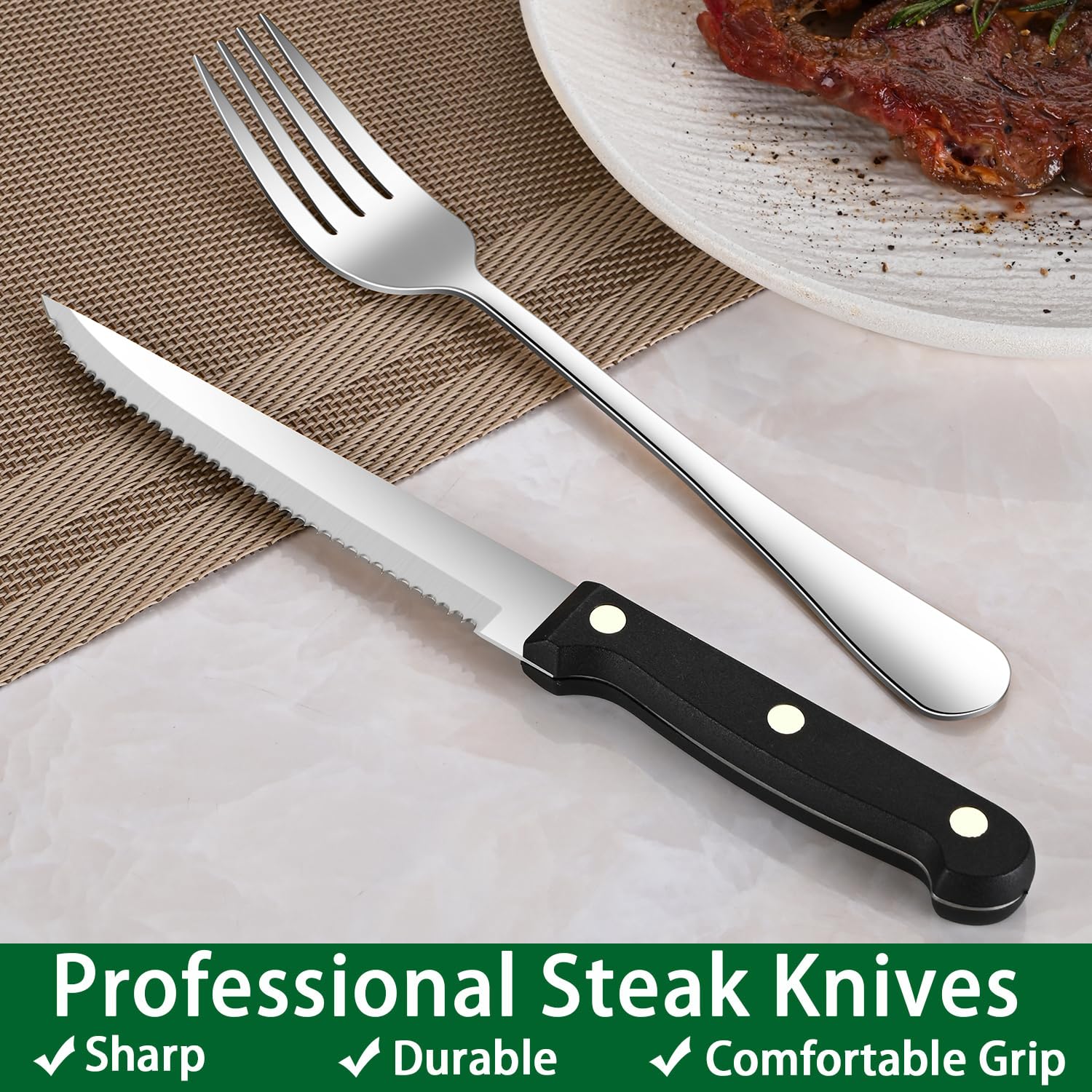 24-Piece Silverware Set with Steak Knives, Flatware Set Service for 4, Food-Grade Stainless Steel Cutlery Set, Includes Knife Spoon and Fork, Mirror Finished Utensil Sets for Home Restaurant