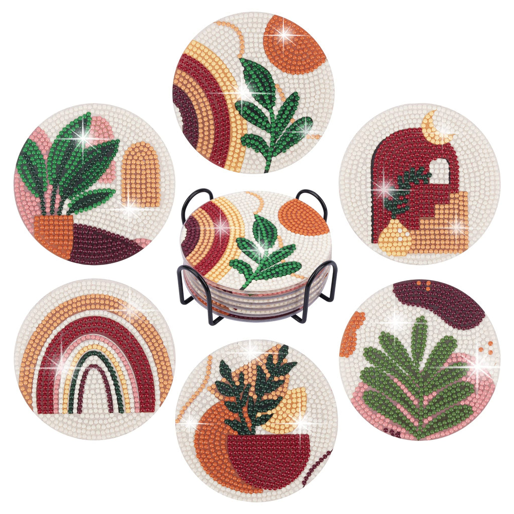 Temlum 6 Pcs Diamond Painting Coasters with Holder, DIY Abstract Plants Coasters Diamond Art Kits for Beginners, Adults Small Diamond Painting Craft Supplies