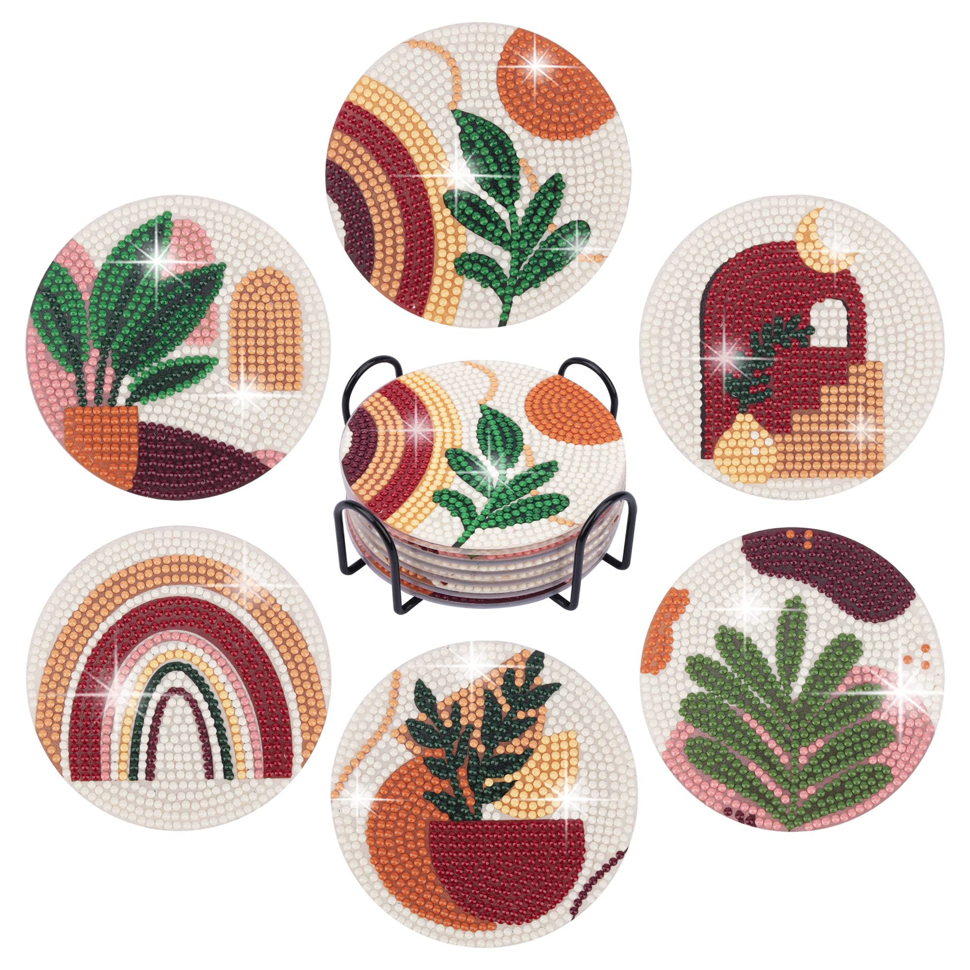 Temlum 6 Pcs Diamond Painting Coasters with Holder, DIY Abstract Plants Coasters Diamond Art Kits for Beginners, Adults Small Diamond Painting Craft Supplies