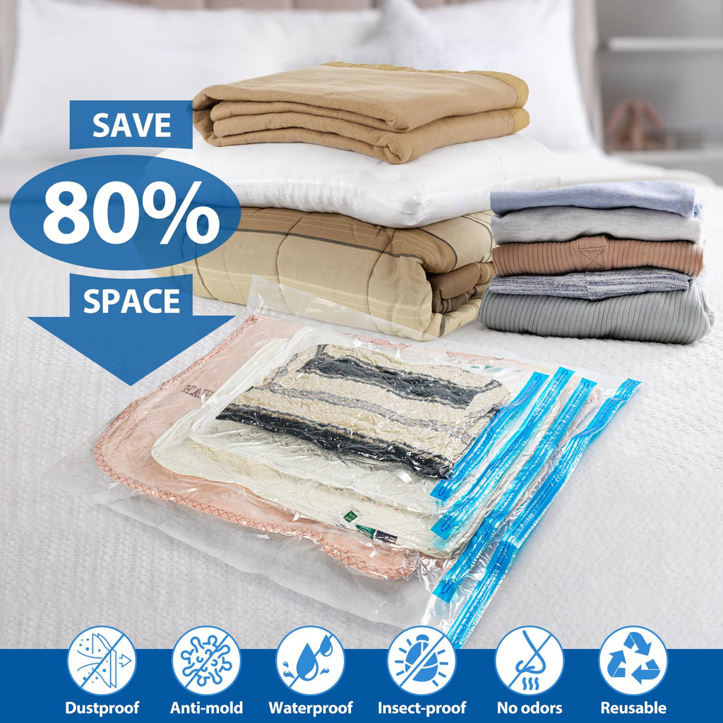 Vacuum Storage Bags 20 pack, Vacuum Bags for Travel Compression bag with Hand Pump, Vacuum Sealer Bags for Clothes, Luggage, Pillows, Blanket, Comforters, Space Saver Sealer Bags(5 S/5 M/5 L/5 Jumbo)