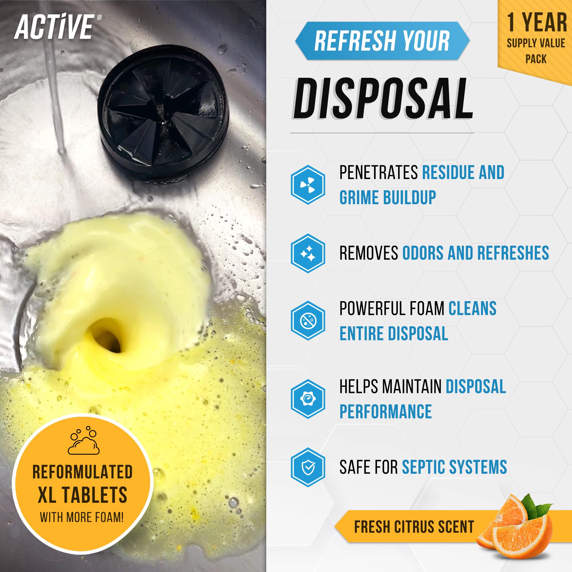Garbage Disposal Cleaner Deodorizer Tablets - 24 Pack, New Powerful XL Foaming Tablet - Fresh Citrus Foam Sink, Garburator, Disposer Freshener, Kitchen Care - 1 Year Supply