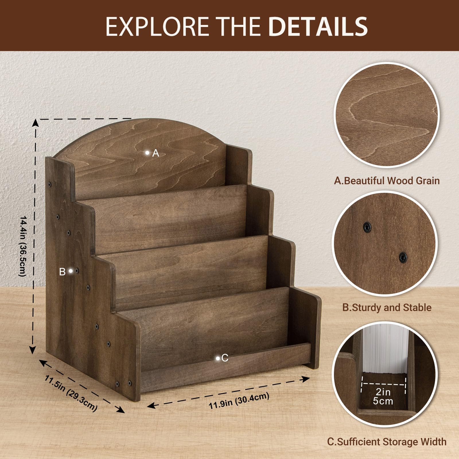 Greeting Card Display Stand, Wooden 4-Tier Postcard Display Stand Holder for Sticker, Vendors, Retail Stores, Brown