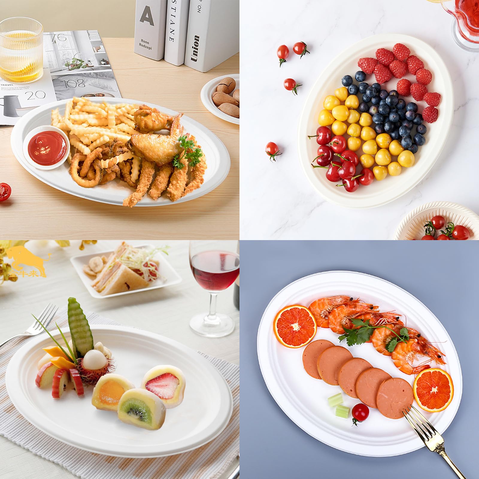 Elsjoy 90 Pack 12.5 Inch Compostable Oval Paper Plates, Large Disposable Dinner Plates, Heavy Duty Paper Platters for Restaurants, BBQ, Parties, Microwave Safe
