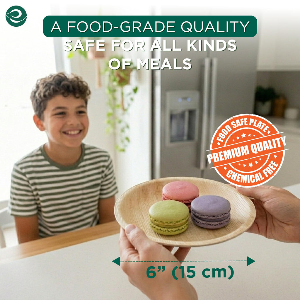 ECO SOUL 6 Inch Disposable Palm Leaf Plates [50 Pack] Premium Food-Safe Heavy Duty Compostable Bamboo Paper Plates for Dessert, Dinner, Apetizers, Weddings, Party, Camping & Catering Events [Round]