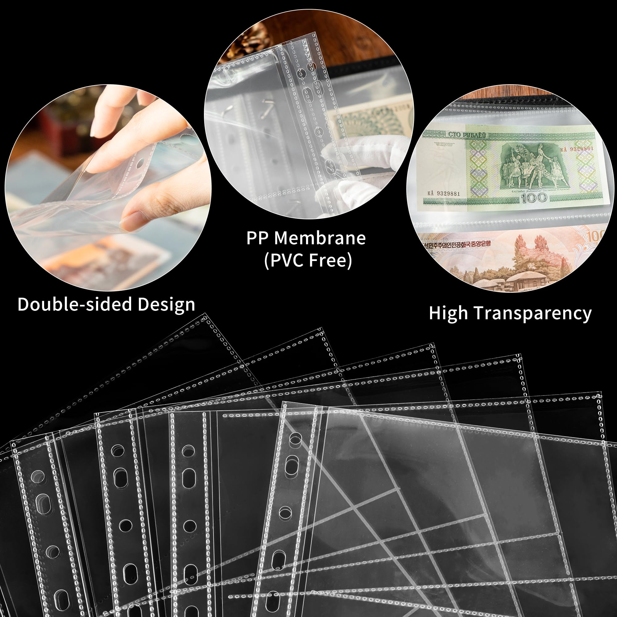 300 Pockets Currency Pages - 50 Sheets Double-Sided Currency Sleeves PP Material Currency Holder Collecting Album Pages for Paper Money Collection PCP0150