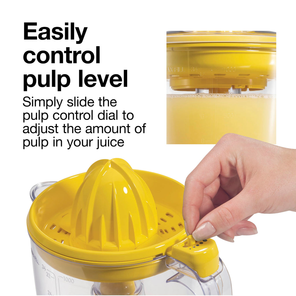 Proctor Silex Alex's Lemonade Stand Electric Citrus Juicer Machine, 34 oz. Pitcher, Pressure Activated, for Lemons, Limes and Oranges, With Reamers, pulp strainer& Lid, 30 Watts, Yellow (66341)