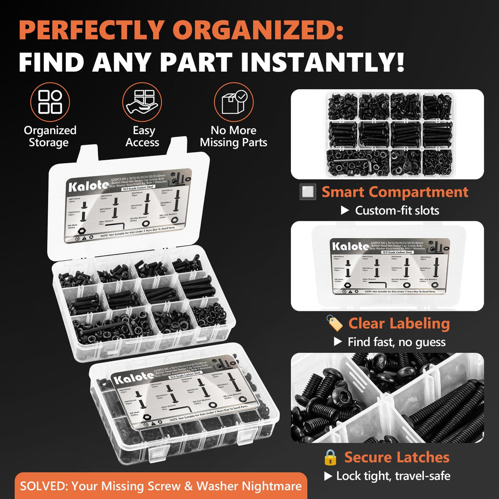 620Pcs M6 Screw Assortment Kit, Bolts Screws Nuts Kit, M6 x 10/12/16/20/25/30/35/40mm Metric Button Head Hex Socket Head Cap Bolts, 10.9 Grade Alloy Steel Black Screws with Wrench for 3D Printer