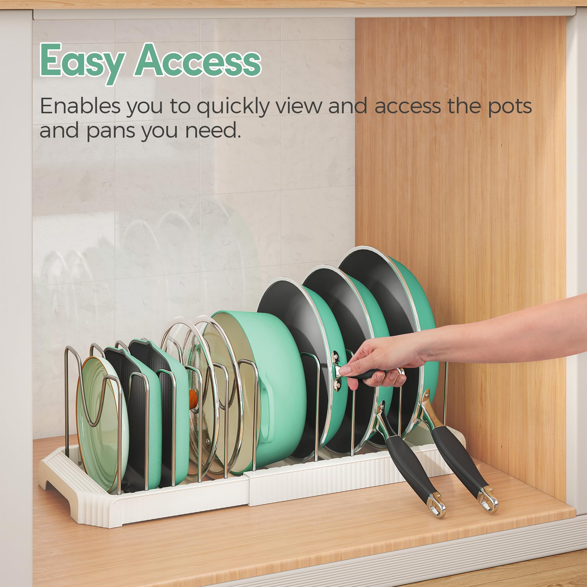 Pots and Pans Organizer for Under Cabinet, Expandable Pan Pot Organizers Inside Cabinet, Pot Rack for Kitchen Organizers and Storage Holder with Adjustable Compartment