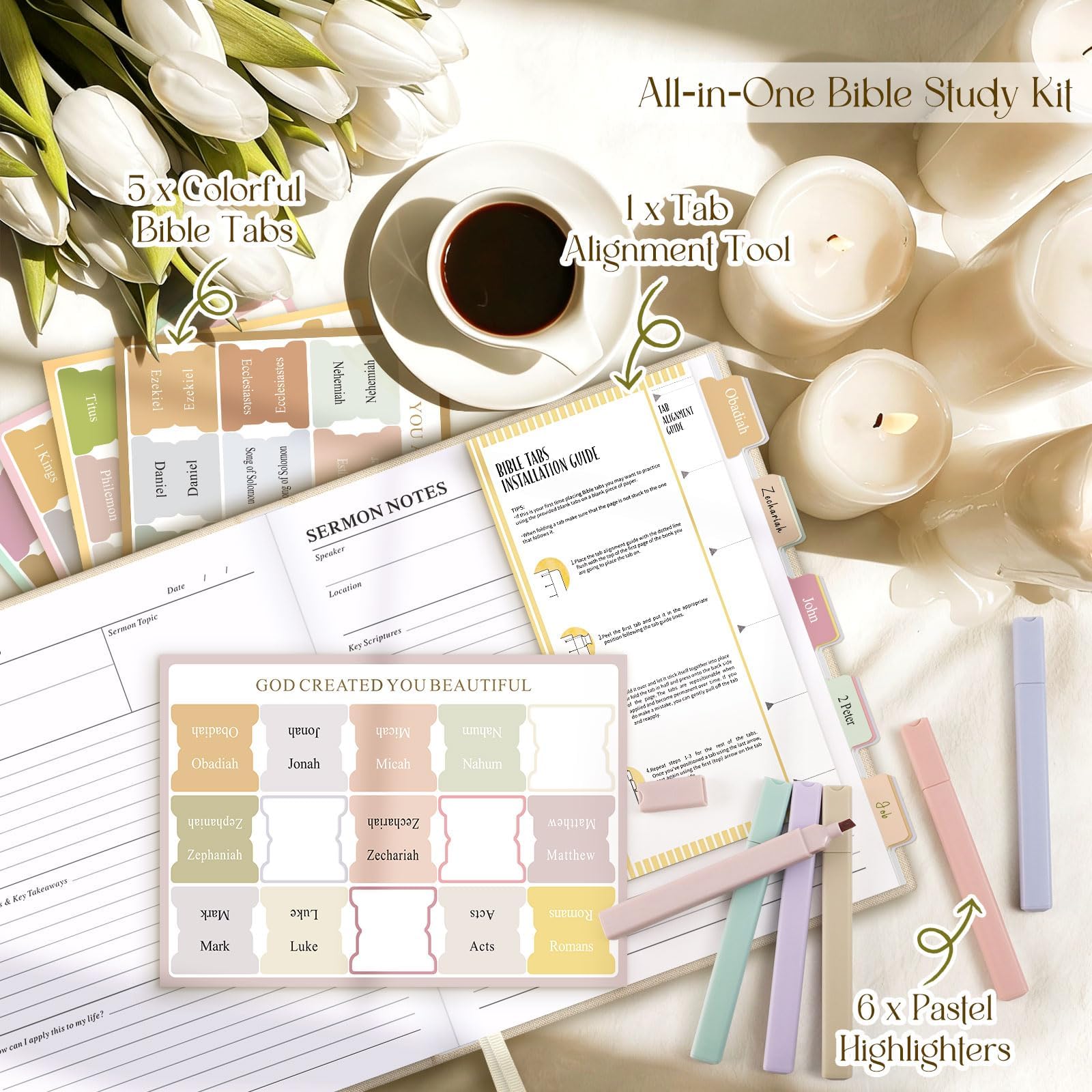 Lanpn Bible Study Guide Journals for Women with Tabs & Highlighters, Church Notes Taking Daily Devotional Journaling, Linen Bible Prayer Notebook Christian Religious Faith Based Gifts, Beige