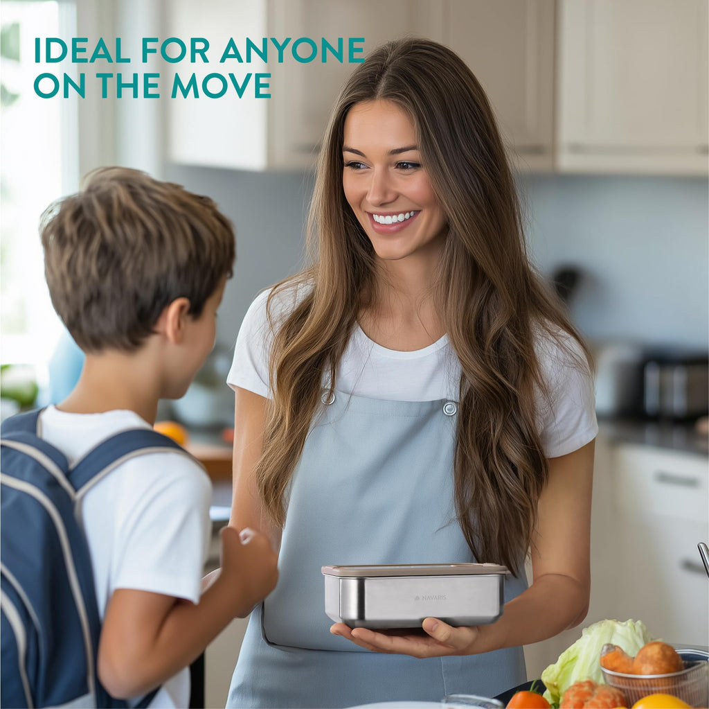 Navaris Microwave-Safe Steel Lunch Box - Microwavable & Reusable Stainless Steel Bento Box - Light & Durable - Lunch or Snack Container Bento Box and Food Storage - Set of 2 Brown