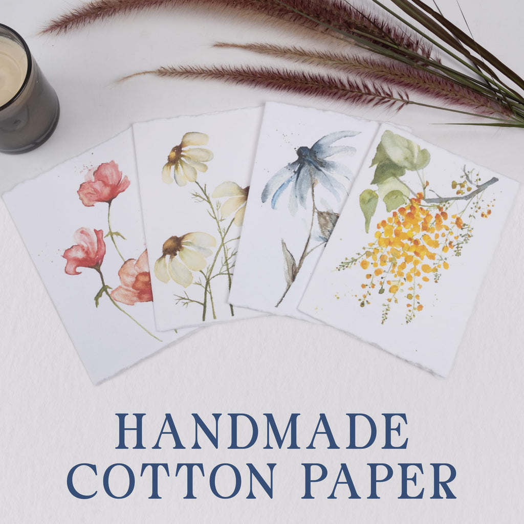 Wanderings Handmade Deckle Edge Blank Greeting Cards & Envelopes with Flower Art - Thick 300gsm paper– 20 Cards (5 Each of 4 Varieties) for Invitations, Thank Yous, Get Well and Birthday Cards –5x7"