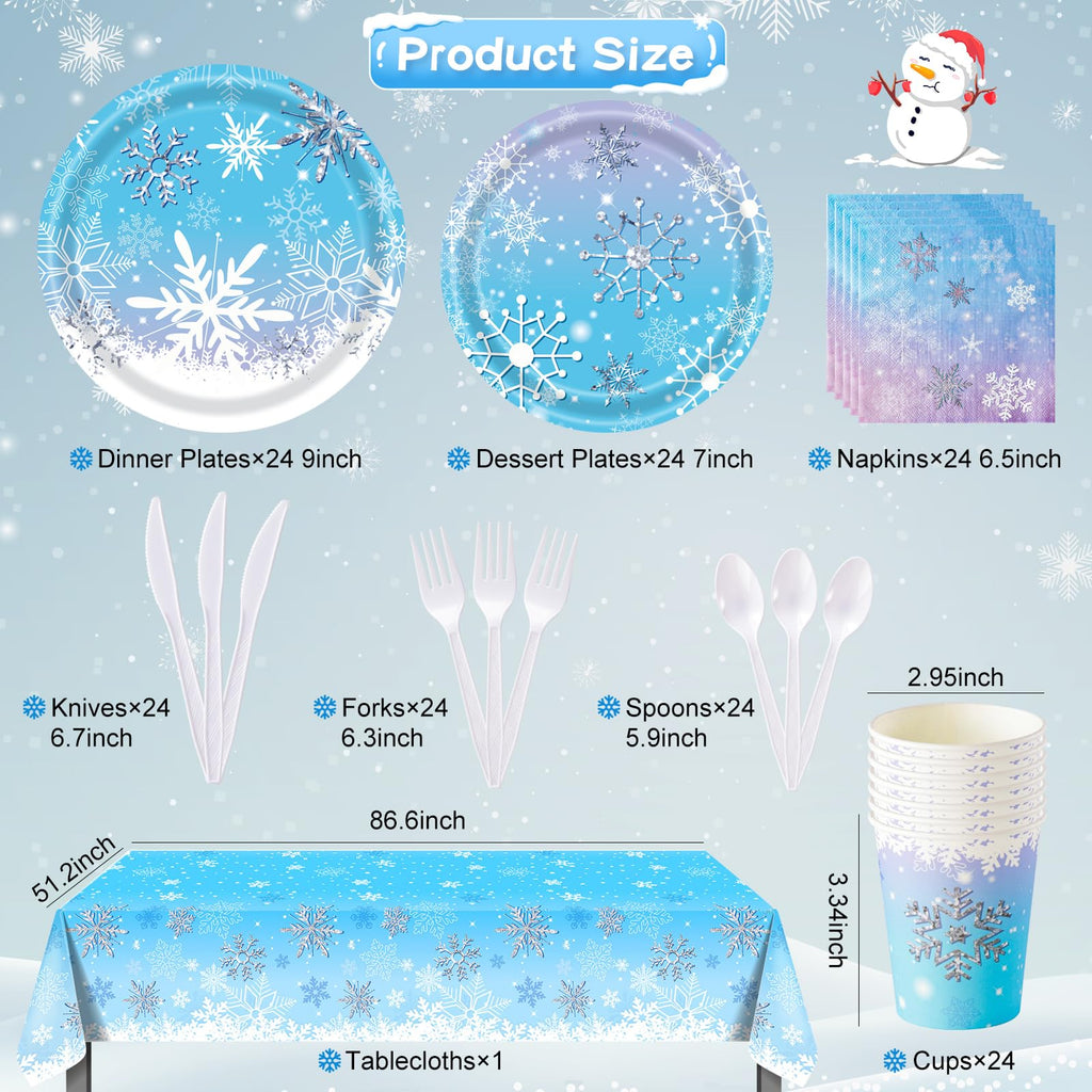 WINTS 175 Pcs Winter Wonderland Birthday Party Supplies, Disposable Snowflake Plates Tableware Set,Paper Plates,Napkins,Cups,Tablecloth Decor for Magical Snowflake Decorations,Serves 24 Guests