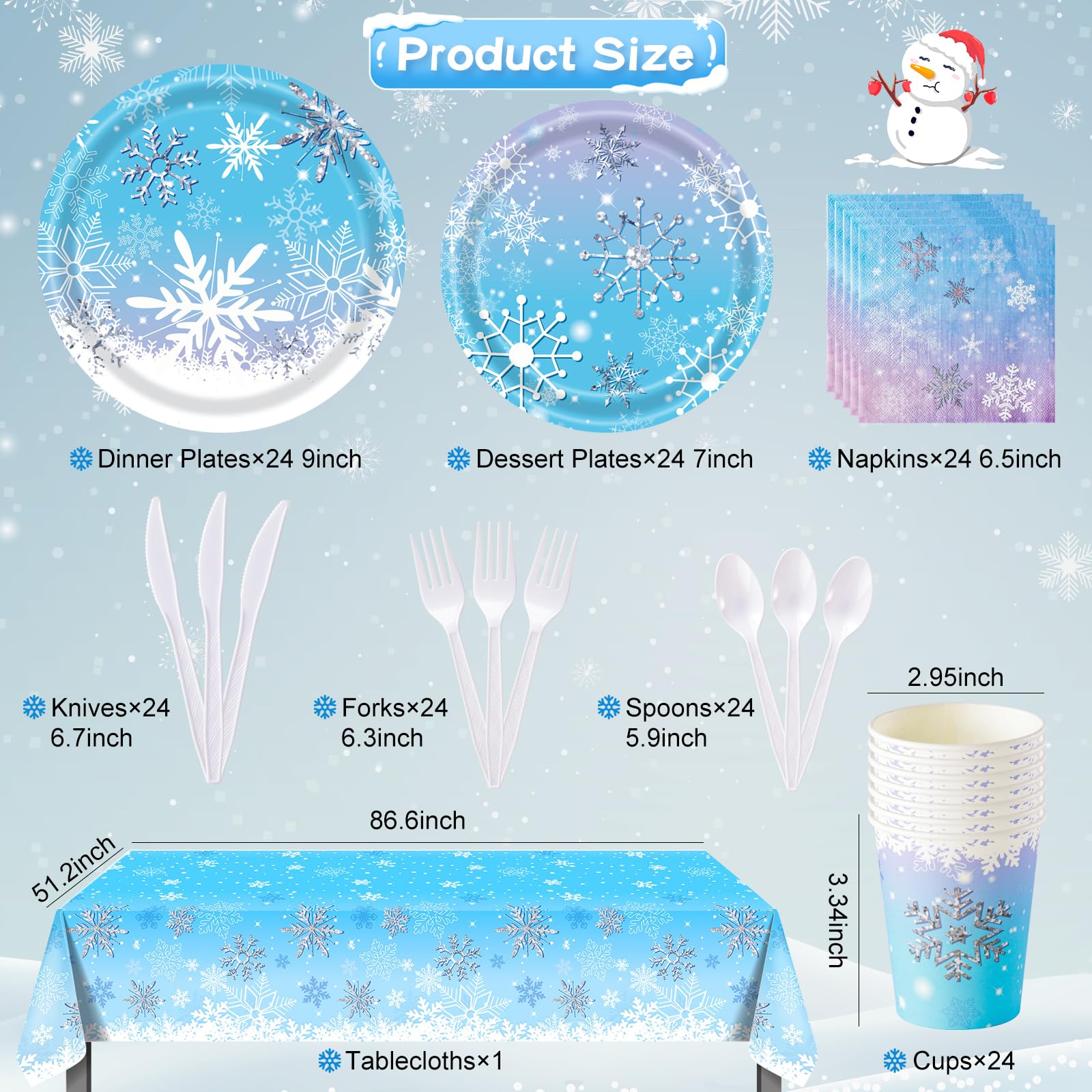 WINTS 175 Pcs Winter Wonderland Birthday Party Supplies, Disposable Snowflake Plates Tableware Set,Paper Plates,Napkins,Cups,Tablecloth Decor for Magical Snowflake Decorations,Serves 24 Guests