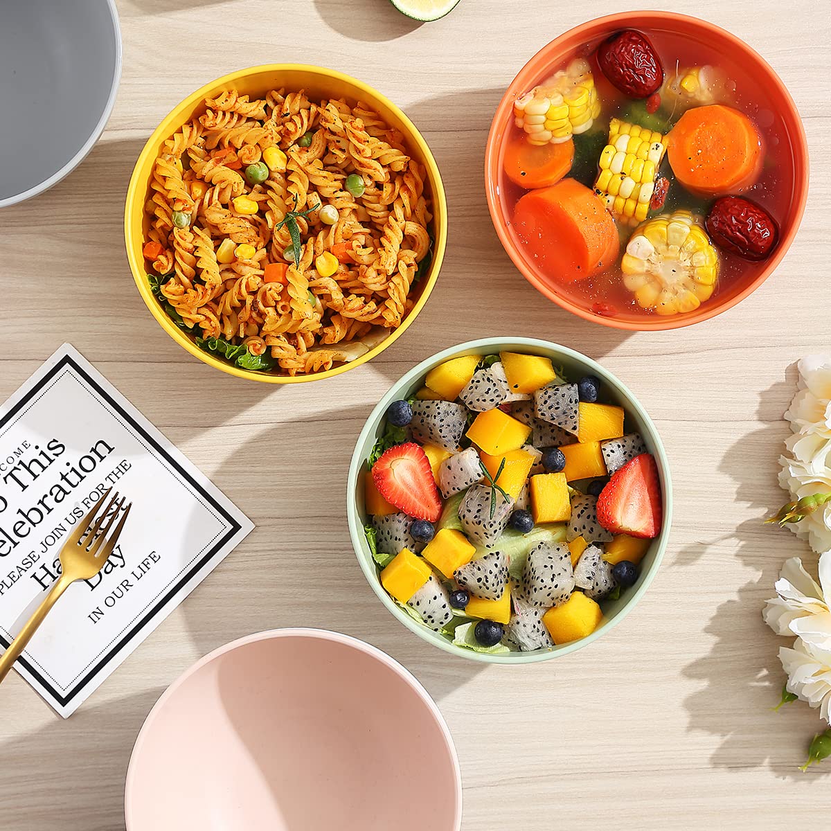 Berglander 26 oz Plastic Bowls Set of 8 Colors, Reusable and Sturdy Unbreakable Bowl for Soup,RSet of 8 Colorsamen, Popcorn,Salad, Cereal, Microwave Safe Dishwasher Safe