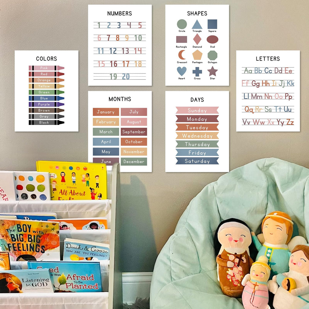 Educational Posters – Learning Posters for Toddlers, Preschool & Kindergarten – Set of 6 Boho Pastel Prints (Alphabet, Numbers, Colours, Days, Months, Shapes) – Nursery, Classroom & Homeschool Decor