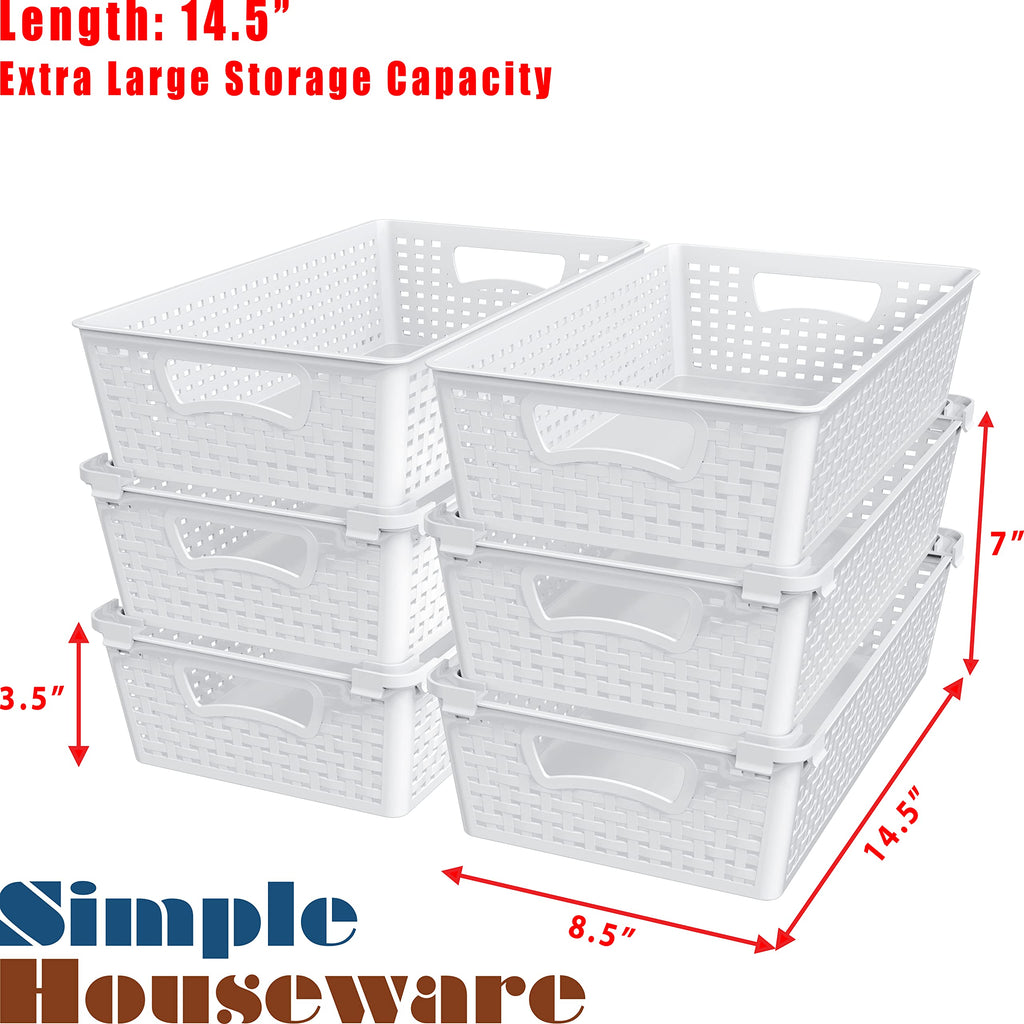 Simple Houseware Stackable Plastic Woven Basket Storage and Pantry Organizer Bin, 6 Pack, White