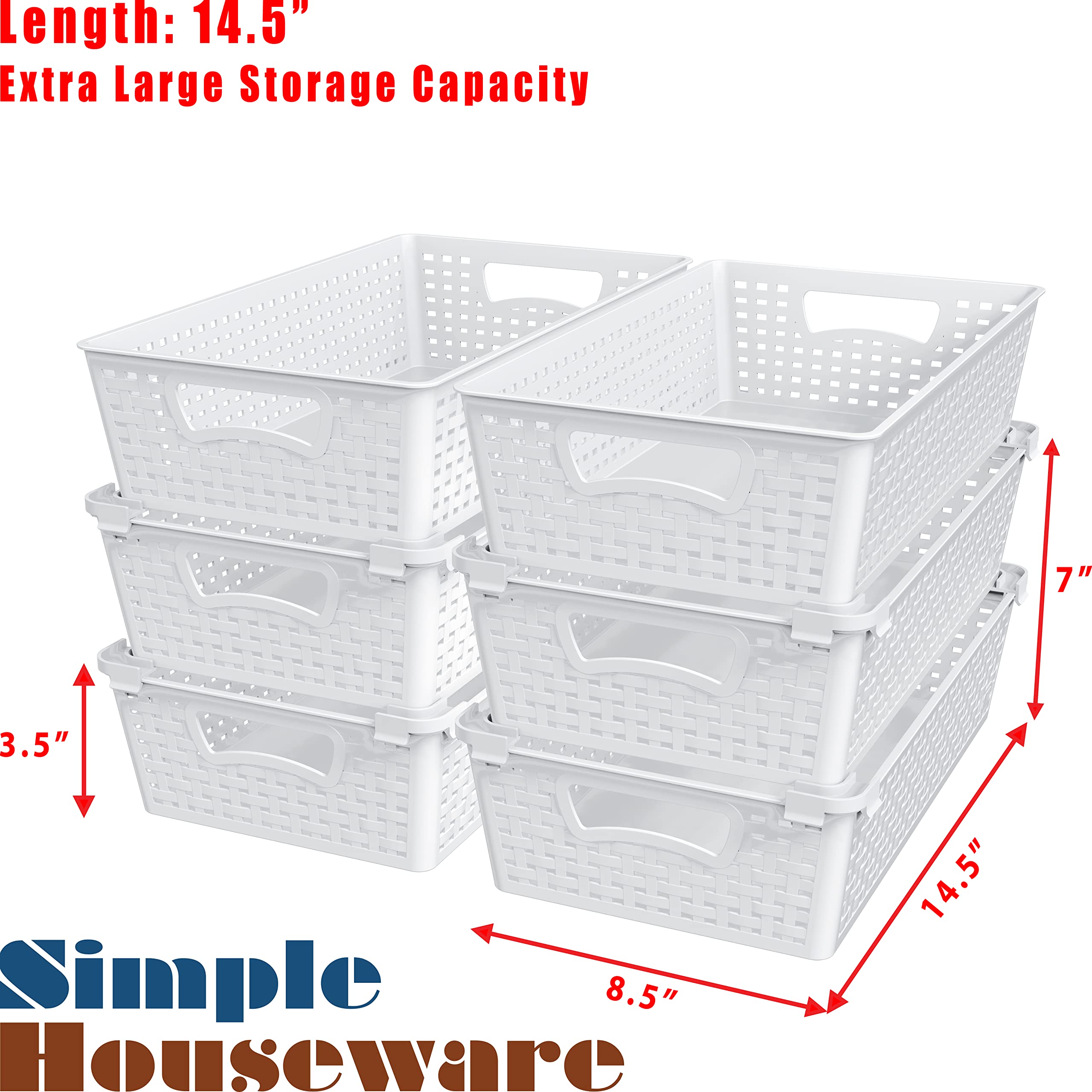 Simple Houseware Stackable Plastic Woven Basket Storage and Pantry Organizer Bin, 6 Pack, White