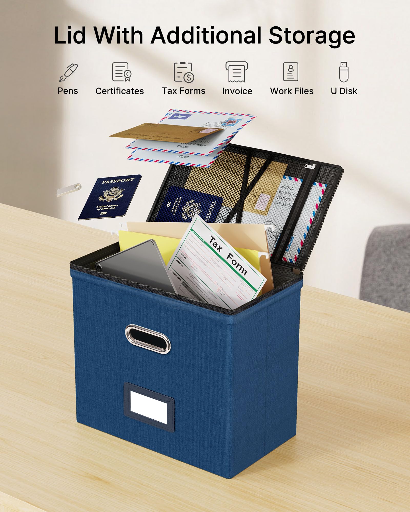 Oterri Zipper File Box with Lid, Letter Size File Organizer with Mesh Pockets, Portable Filing Box with Handle, Zippers Document Organizer Storage Box for Office/Home/School (1 Pcs, Dark Blue)