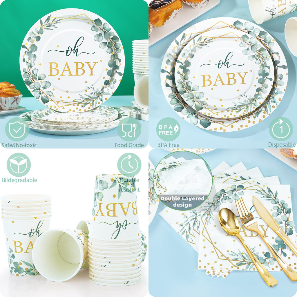 Gudvilla 168 PCS Sage Green Baby Shower Decorations Neutral, Baby Shower Plates and Cups and Napkins Sets Serves 24, Oh Baby Plates for Boy, Gender Reveal, Green and Gold Plant Eucalyptus Boho