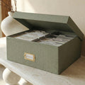 ZICOTO Decorative Photo Storage Box - Sturdy Linen Photo Organizer with Dividers is Perfect to Store Up to 1700 Pictures and 4x6 Photos - Portable Scrapbook Storage Containers with Lid