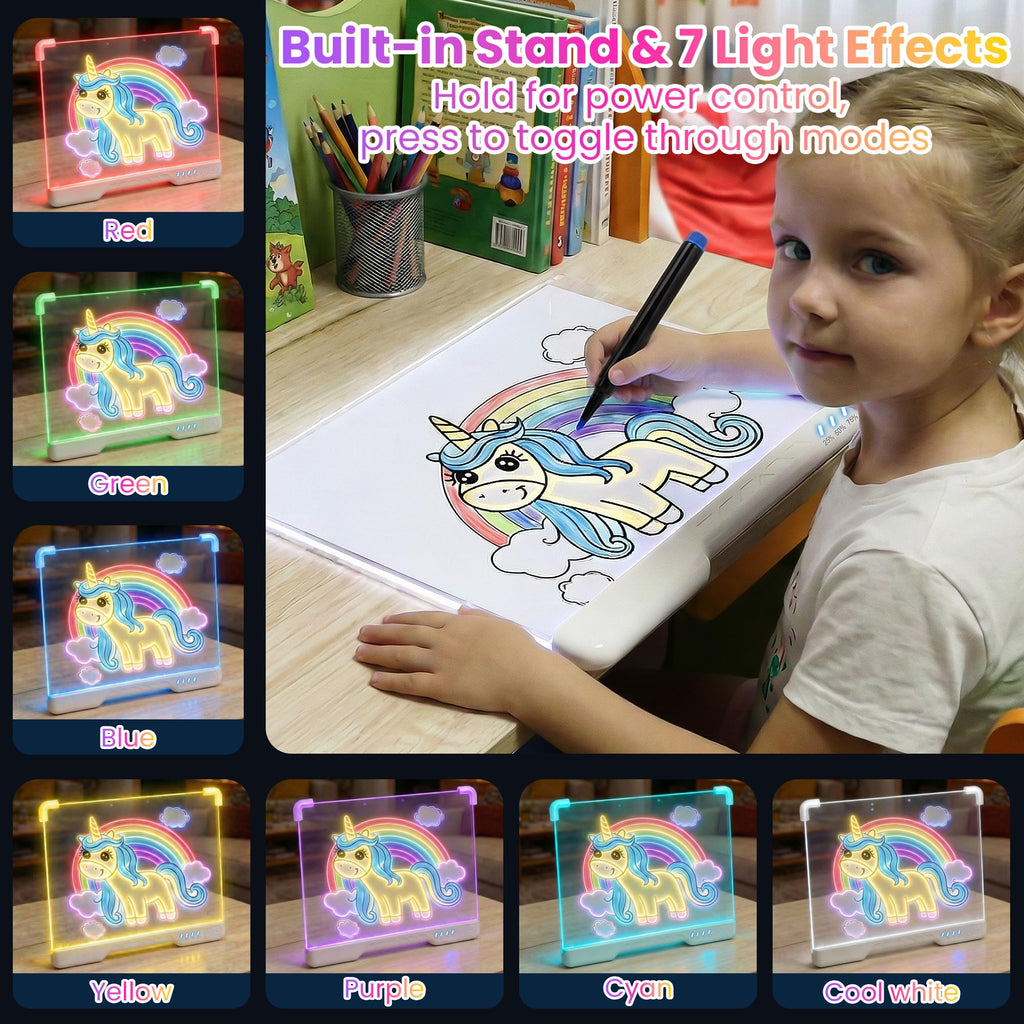 Rechargeable LED Drawing Board, 16-Inch Acrylic Dry Erase Board, Supports 7 Colors and 4 Modes, Includes 7 Pens and Tracing Book, Glow Doodle Message Pad, Night Writing Note Board with Soft Cloth