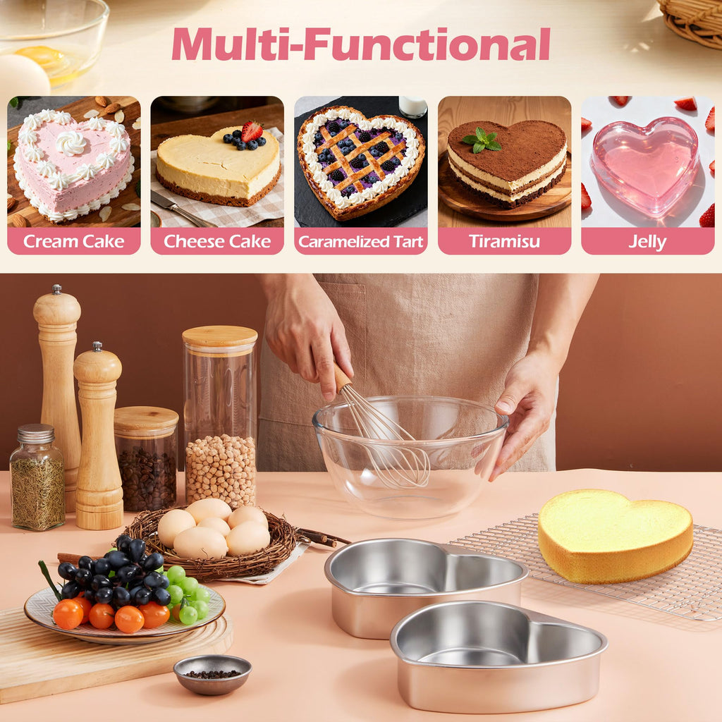 E-far 8 Inch Heart Cake Pan, 2Pcs Stainless Steel Heart Shaped Cake Mold, Cake Tin Baking Pan for Valentine's Day Anniversaries Wedding, Non-Toxic & Dishwasher Safe