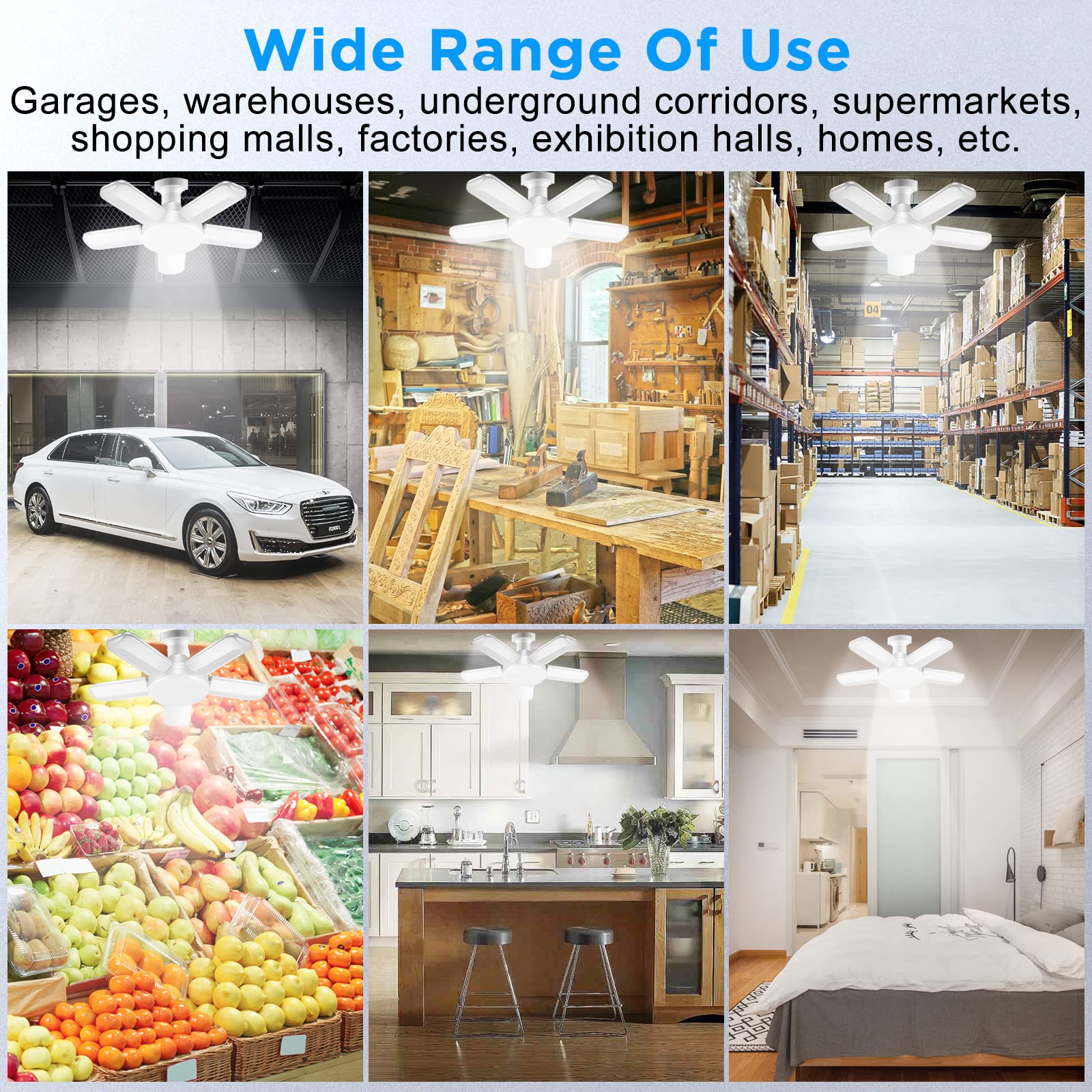 Kofarrten LED Garage Lights, 80W LED Garage Ceiling Lights with 5 Deformable Panels, 8000LM LED Shop Lights for Garages E26/E27 LED Light Bulbs for Garage Ceiling, Workshop, Warehouse (2 Packs)