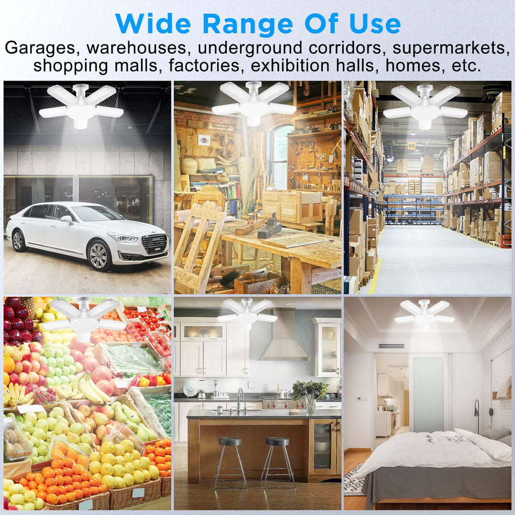 Kofarrten LED Garage Lights, Super Bright 8000 LM Garage Light Bulbs, 6500K Garage Ceiling Lights with Deformable Panels for E26/E27 Base, 80W LED Shop Lights for Garage, Workshop, Warehouse (2 Packs)