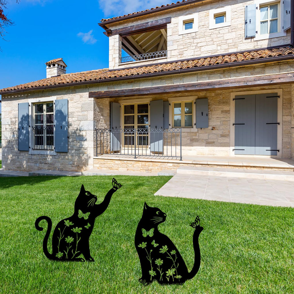 2Pcs Metal Cat Garden Statues HADEEONG Decorative Garden Stakes Black Ornaments Cat Lover Gifts for Lawn Ornaments Yard Patio Outdoor Decorations